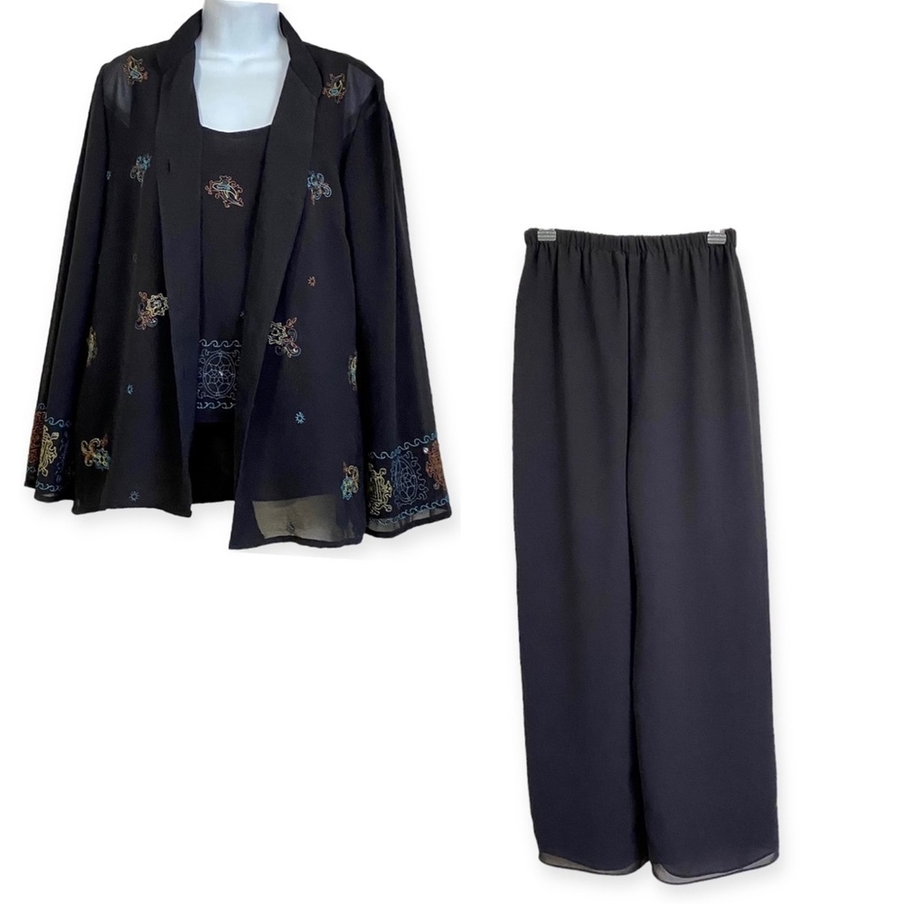 Black Dressy 3-piece Set Blouse Tank Trousers Petite Size 8P Sheer Embroidered